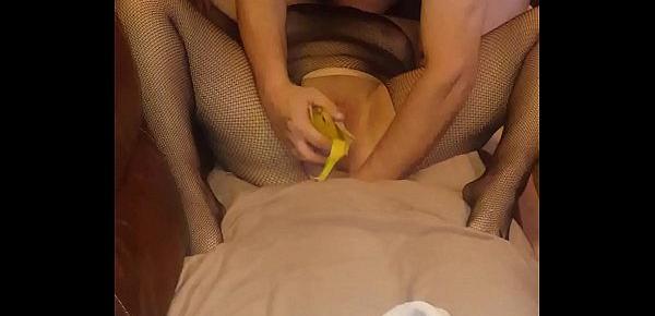  Food play. Putting banana in her slut hole